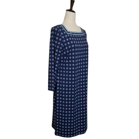 Talbots Navy Blue & Mint Green Patterned Square Neck Stretch Shift Dress Size M - Picture 2 of 6